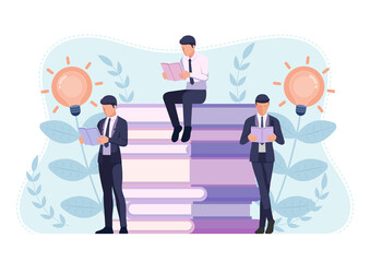 Group of Businessman Reading around Pile of Books