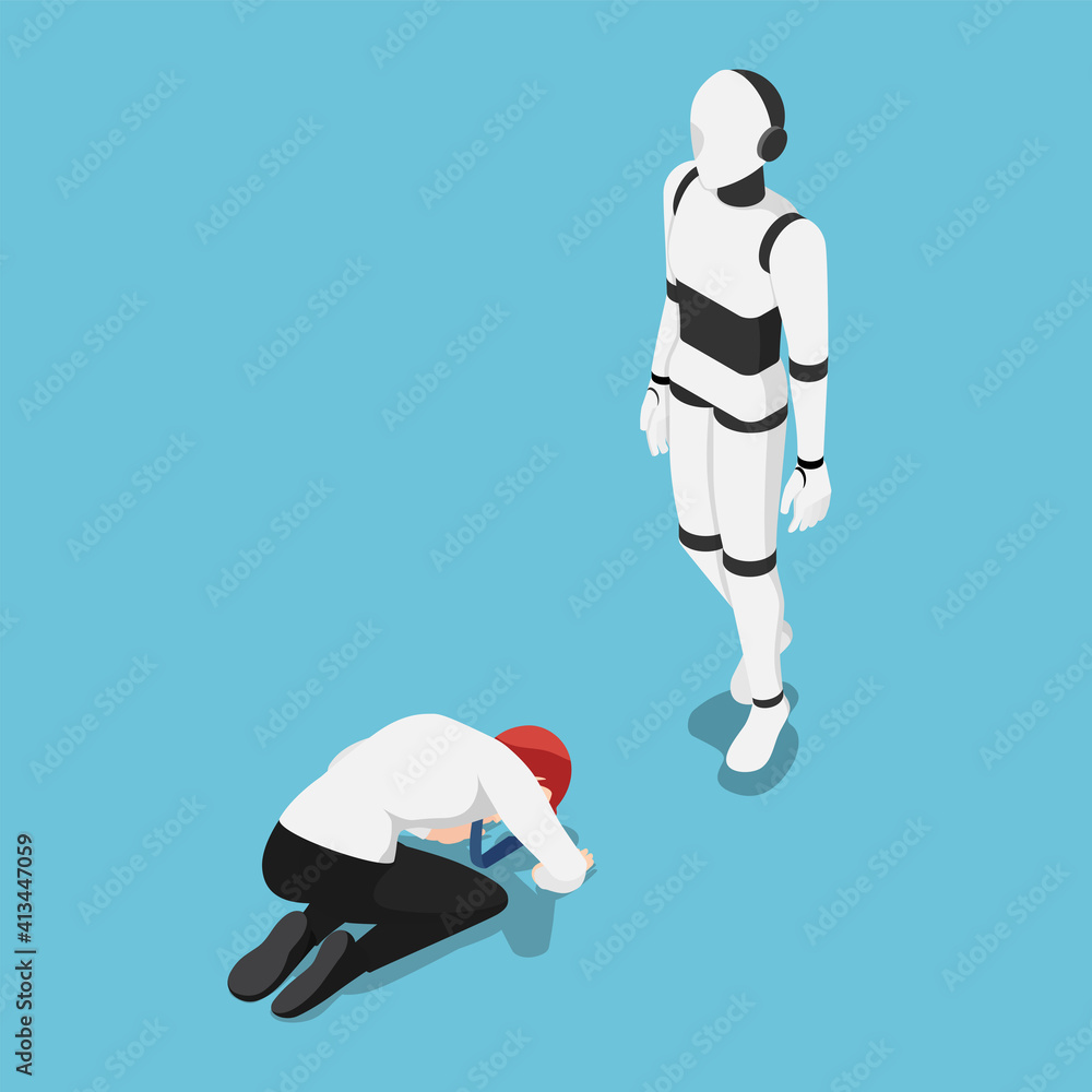 Poster isometric businessman prostrated in front of ai robot