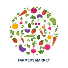 farmer market poster with fruits and vegetables. Vector design template of fresh veggies and natural farm organic radish or cauliflower and broccoli cabbage, zucchini squash or cucumber and carrot 