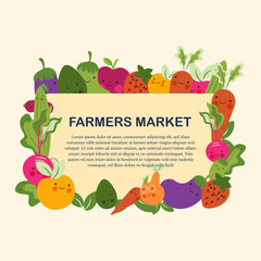 farmer market poster with fruits and vegetables. Vector design template of fresh veggies and natural farm organic radish or cauliflower and broccoli cabbage, zucchini squash or cucumber and carrot 