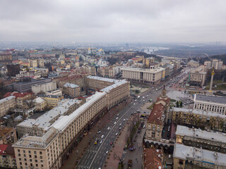 Center of Kiev. Aerial drone view. Winter cloudy morning.