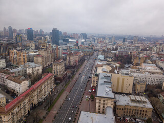 Fototapeta na wymiar Center of Kiev. Aerial drone view. Winter cloudy morning.