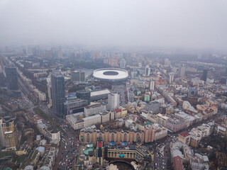 Obraz premium Center of Kiev. Aerial drone view. Winter cloudy morning.
