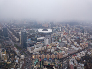 Center of Kiev. Aerial drone view. Winter cloudy morning.