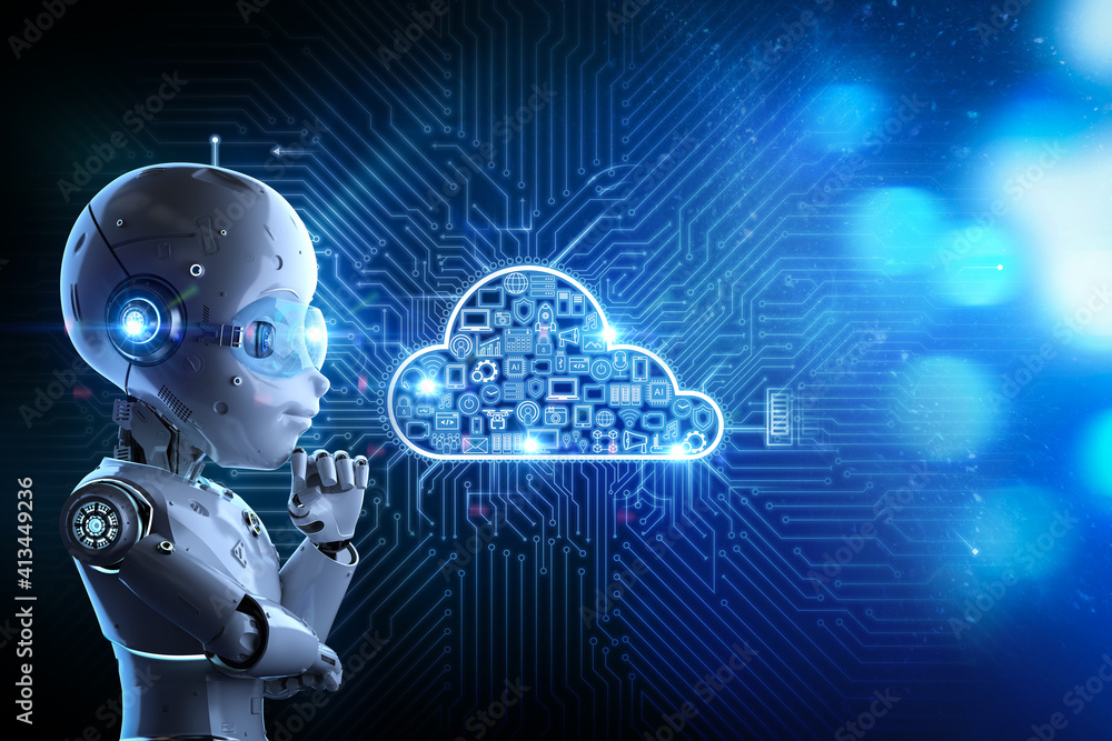 Poster cloud computing technology with cute robot