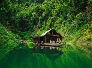 Landscape of lake with trees and a floating house 