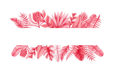 Watercolor border of painted tropical leaves.