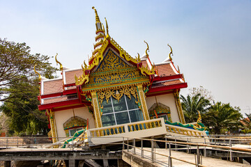 Buddhist temple Wat Khao Saphan Park fall down inside a concrete construction in water tank,...