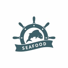 Colored illustration of a steering wheel, fish, tape with text on a white background. Vector illustration in vintage style for emblem, badge, label, symbol. Advertising of a seafood store.