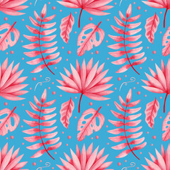 Watercolor seamless pattern of tropical leaves on a blue background.