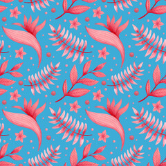 Watercolor seamless pattern of tropical leaves on a blue background.