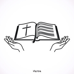 Bible Church logo. the name of the mission. Bible Society. Icon isolated on white bockground, vector. in the hands of the Bible.