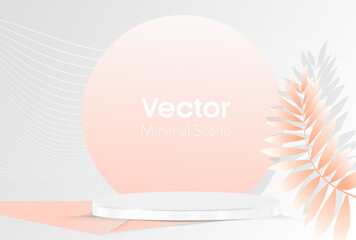 Cosmetic scene background. Podium on peach color background with palm leaves. Product presentation, mock up. Stage for show product cosmetic