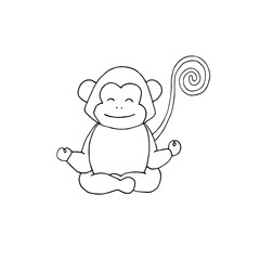 Monkey doing yoga. Asanas. Yoga poses. Charging. Exercises. Warm up. Physical Education. Vector hand-drawn doodle illustration. Black and white outline. Children's coloring