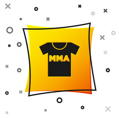 Black T-shirt with fight club MMA icon isolated on white background. Mixed martial arts. Yellow square button. Vector.