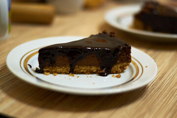 Chocolate cheesecake on a white plate