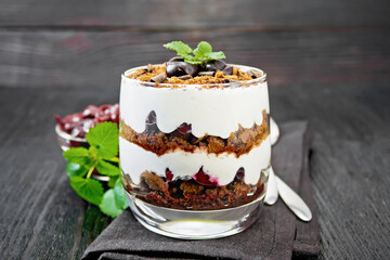 Dessert Black Forest in glass on dark board