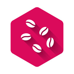 White Coffee beans icon isolated with long shadow background. Pink hexagon button. Vector.