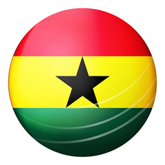 Glass light ball with flag of Ghana. Round sphere, template icon. Ghanaian national symbol. Glossy realistic ball, 3D abstract vector illustration highlighted on a white background. Big bubble.