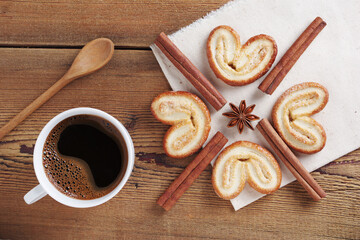 Heart-shaped cookies and coffee