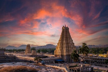 Virupaksha temple located in the ruins of ancient city Vijayanagar at Hampi, Karnataka, India. Indian tourism, lockdown trip