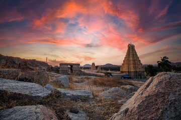 Virupaksha temple located in the ruins of ancient city Vijayanagar at Hampi, Karnataka, India. Indian tourism, lockdown trip