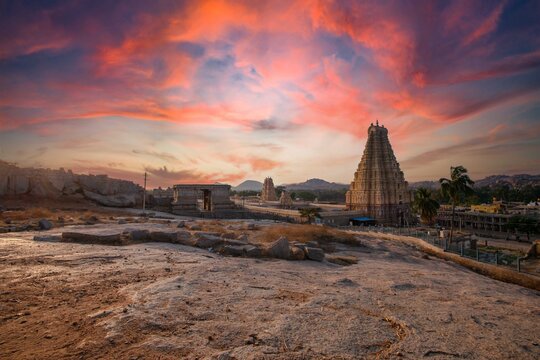 Virupaksha Temple Located In The Ruins Of Ancient City Vijayanagar At Hampi, Karnataka, India. Indian Tourism, Lockdown Trip