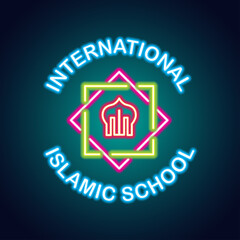 islamic school neon sign plank for islamic international school, islamic private school and boarding school. vector illustration