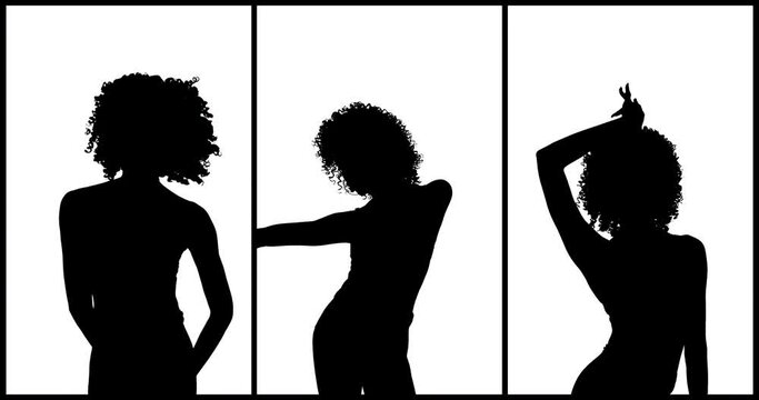 Silhouette of young dancing woman with curly afro wig. Collage video of three shots. Isolated on white background