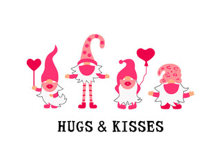 Gnomes with masks and hearts. XOXO concept. Vector illustration.