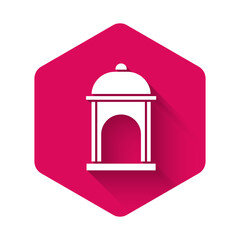 White Muslim Mosque icon isolated with long shadow background. Pink hexagon button. Vector.