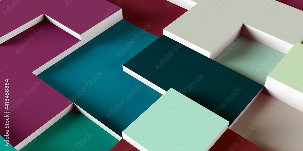 Poster texture and background of volumetric multicolored geometric shapes.