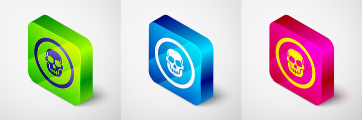 Isometric Mexican skull coin icon isolated on grey background. Square button. Vector.