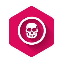 White Mexican skull coin icon isolated with long shadow background. Pink hexagon button. Vector.