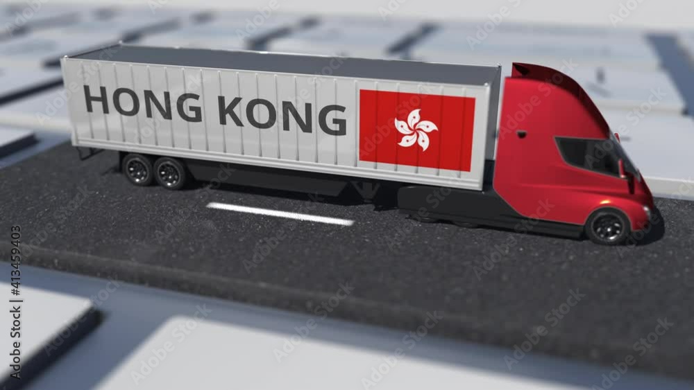 Aufkleber truck with flag of hong kong moves on the keyboard key. export or import related looping 3d animatio