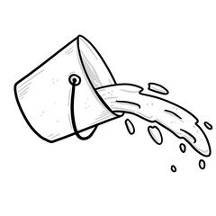 Water is poured out of bucket. Overturned pail with liquid and splashes with drops. Sketch cartoon illustration © Taras