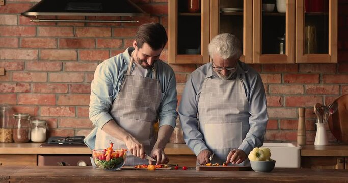 Happy young man bumping fists with joyful elderly middle aged father, enjoying chopping vegetables for healthy dinner together in kitchen, preparing vegetarian meal, cooking domestic food indoors.