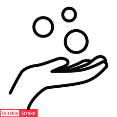 Money on hand, obtain line icon. Simple outline style hand and coins for web template and app. Vector illustration isolated on white background. Editable stroke EPS 10