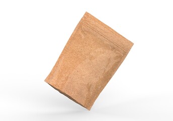 Kraft paper pouch mockup for tea, coffee, pulses, beans, cereals & corn flakes. Blank craft doy-pack mock up on isolated white background, 3d illustration 