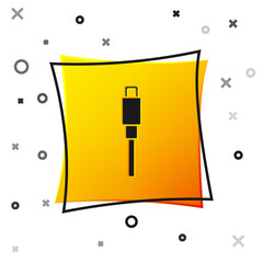 Black USB cable cord icon isolated on white background. Connectors and sockets for PC and mobile devices. Yellow square button. Vector.