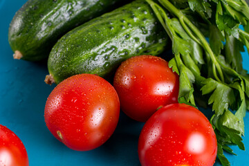 Organic vegetable healthy food tomato and cucumber close-up
