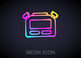 Glowing neon line Stopwatch icon isolated on black background. Time timer sign. Chronometer sign. Vector.