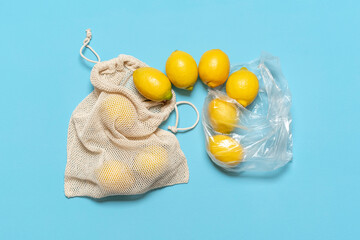 Sustainable shopping concept. Lemons plastic bag versus eco bag.
