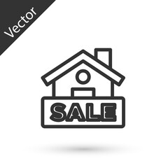 Grey line Hanging sign with text Sale icon isolated on white background. Signboard with text Sale. Vector.