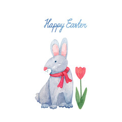 Cute bunny with ribbon bow and a spring flower tulip. Watercolor illustration on white. Happy Easter hand painted lettering. Nice greeting card.