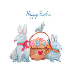 Cute rabbits and an easter basket with colorful eggs and a bird.   Watercolor illustration on white. Happy Easter hand painted lettering. Nice greeting card.