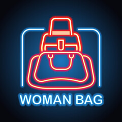 woman hand bag shop neon sign for woman bag shop and store plank banner. vector illustration