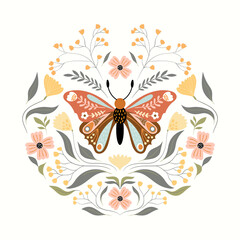 Floral butterfly with decorative design, round composition with different flowers and plants, pastel colors