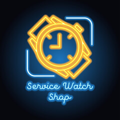 man and woman watches store neon sign for watcher maker and store plank banner. vector illustration