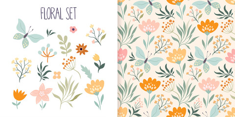 Spring, summer floral set with seamless pattern and different flowers and plants collection